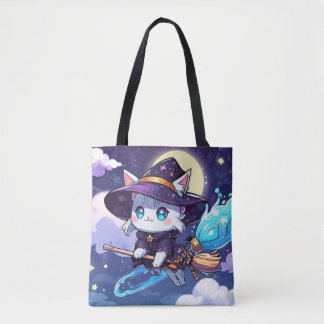 Chibi Witch Cat Flying in Starry Sky – Kawaii Magi Draagtas