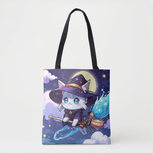 Chibi Witch Cat Flying in Starry Sky – Kawaii Magi Draagtas (Voorkant)