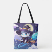 Chibi Witch Cat Flying in Starry Sky – Kawaii Magi Draagtas (Achterkant)