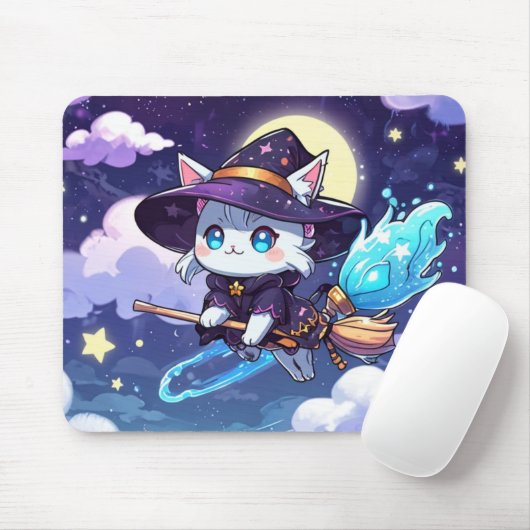 Chibi Witch Cat Flying in Starry Sky – Kawaii Magi Muismat (Met muis)