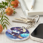 Chibi Witch Cat Flying in Starry Sky – Kawaii Magi Sleutelhanger (Voorkant Rechts)