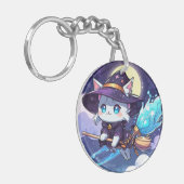 Chibi Witch Cat Flying in Starry Sky – Kawaii Magi Sleutelhanger (Voorkant Links)