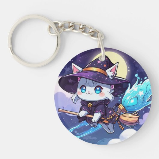 Chibi Witch Cat Flying in Starry Sky – Kawaii Magi Sleutelhanger (Voorkant)