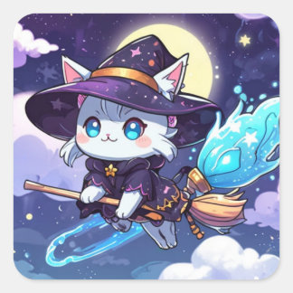 Chibi Witch Cat Flying in Starry Sky – Kawaii Magi Vierkante Sticker