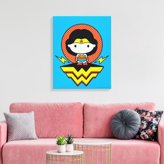 Chibi Wonder Vrouw met pooldots en Logo Canvas Afdruk (Insitu (Woonkamer))