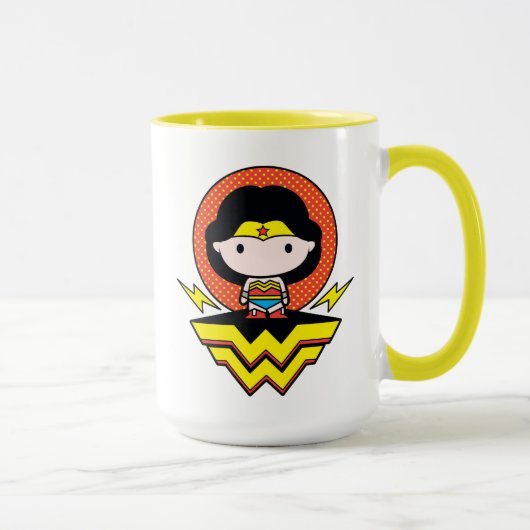 Chibi Wonder Vrouw met pooldots en Logo Mok (Rechts)