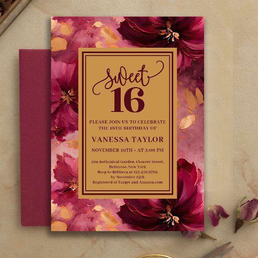 Chic 16th Birthday Burgundy Blush Gold Invitation