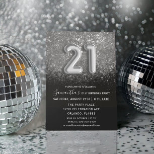 Chic 21st Birthday Black Silver-ballontype Kaart