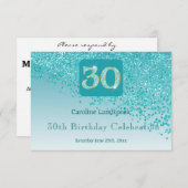 Chic 30 Verjaardag Blauwgroen Blue Glitter RSVP (Voorkant / Achterkant)