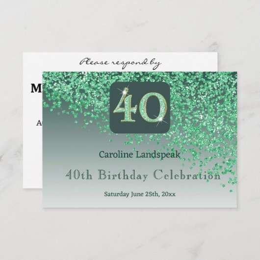 Chic 40 Birthday Green Glitter RSVP (Voorkant / Achterkant)