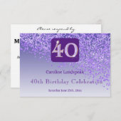Chic 40 Verjaardag Paarse Glitter RSVP (Voorkant / Achterkant)