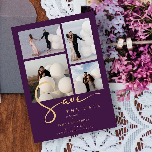 Chic 4 Multi Photos Collage Wedding Purple & Gold  Save The Date