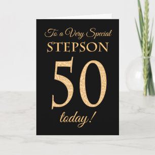 Chic 50th goud-effect op zwart, stiefzoon verjaard kaart