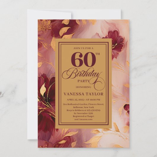 Chic 60th Birthday Marsala Blush Gold Boho Invite Kaart (Voorkant)