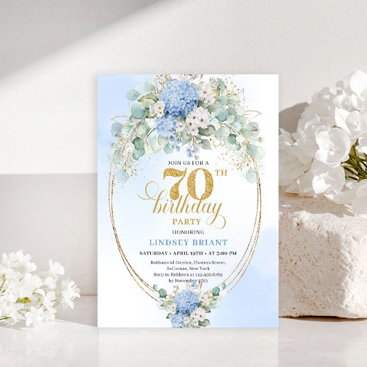 Chic 70th Birthday Pastel Blue Hydrangea Invites Kaart