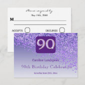 Chic 90 Verjaardag Paarse Glitter RSVP (Voorkant / Achterkant)