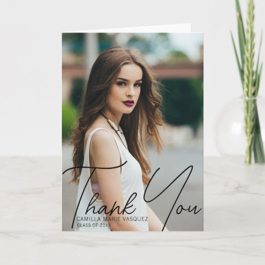Chic Afstuderen Photo Trendy Black Script Overlay Bedankkaart (Voorkant)
