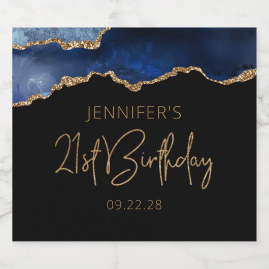 Chic Agate Geode Blue Gold 21st verjaardag Sparkling Wijnetiket (Enkel label)