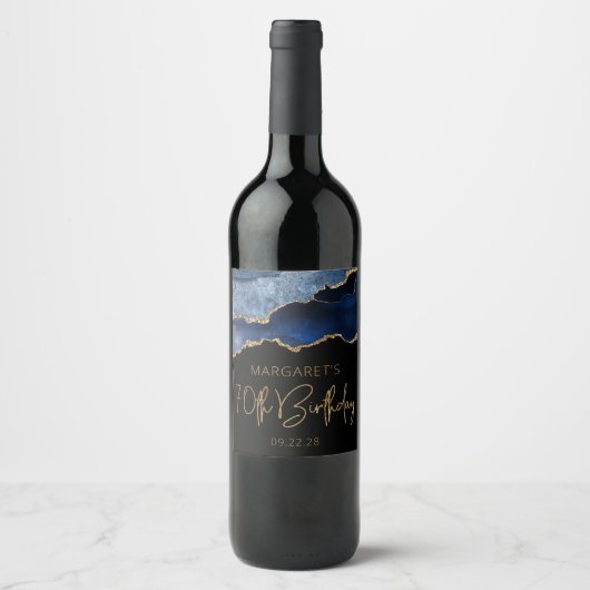 Chic Agate Geode Blue Gold 70e verjaardag Wijn Etiket (Voorkant)