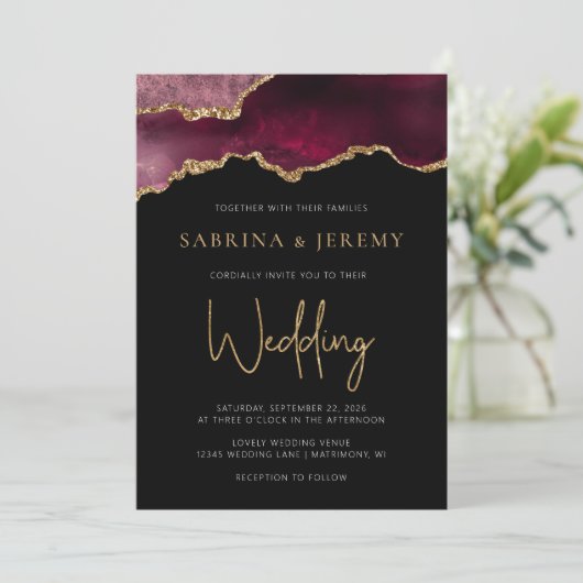 Chic Agate Geode Bourgogne Gold Faire-part de mari (Debout devant)