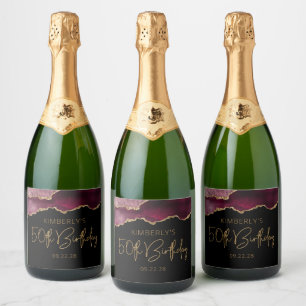 Chic Agate Geode Burgundy Gold 50th Birthday Party Sparkling Wijnetiket