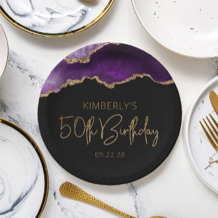 Chic Agate Geode Paars Gold 50e verjaardag Papieren Bordje
