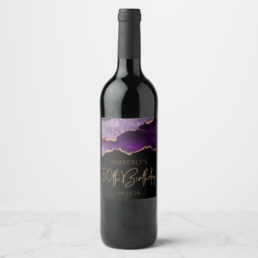 Chic Agate Geode Paars Gold 50e verjaardag Wijn Etiket (Voorkant)