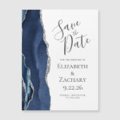 Chic Agate Navy Blue Silver Magnetic Save the Date (Voorkant)