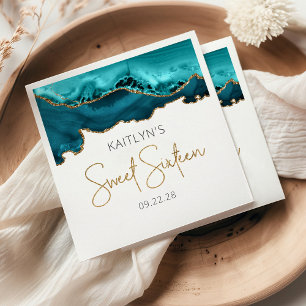 Chic Agate Turkoois Blauw Goud Sweet 16 Verjaardag Servet