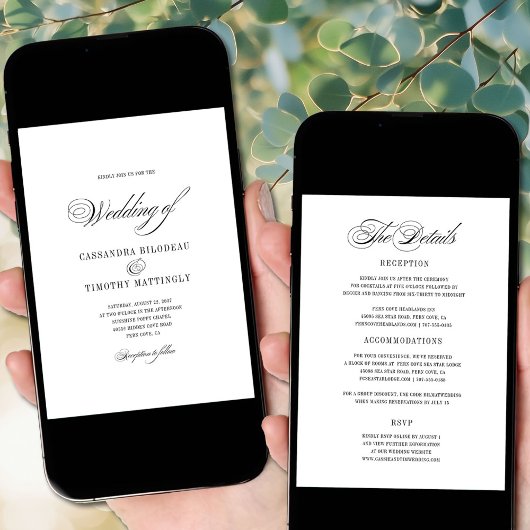 Chic All-in-One Zwart Wit Script Budget Huwelijk Kaart