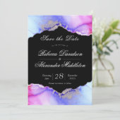 Chic Amethyst Paarse zwarte bruiloft Save The Date (Staand voorkant)