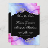 Chic Amethyst Paarse zwarte bruiloft Save The Date (Voorkant / Achterkant)