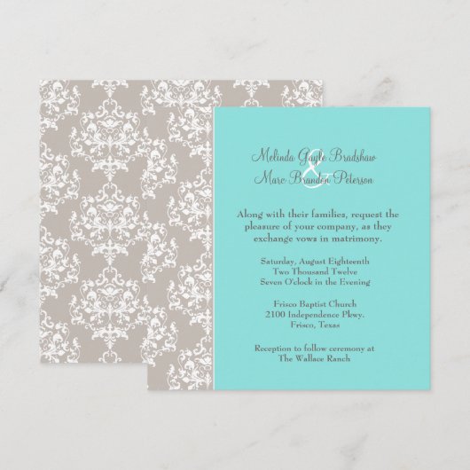 Chic Aqua Blue en Taupe Damask Wedding Invitation Kaart (Voorkant / Achterkant)