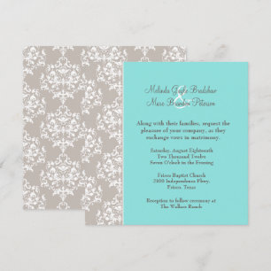 Chic Aqua Blue et Taupe Mariage damassé Invitation