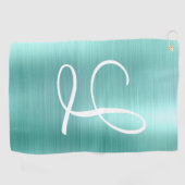Chic Aqua Brushed Metal White Monogram Golf Towel Golfhanddoek (Horizontaal)