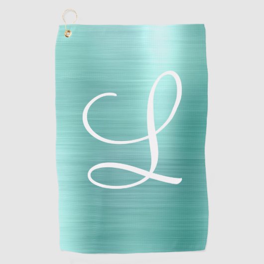 Chic Aqua Brushed Metal White Monogram Golf Towel Golfhanddoek (Voorkant)