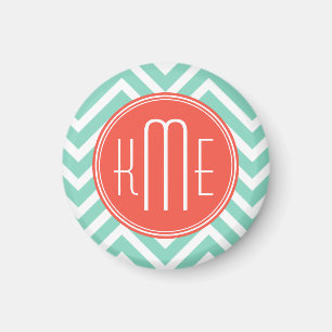 Chic Aqua Green Chevron en Oranje aangepast monogr Magneet