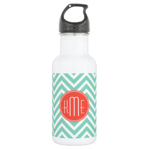 Chic Aqua Green Chevron en Oranje aangepast monogr Waterfles