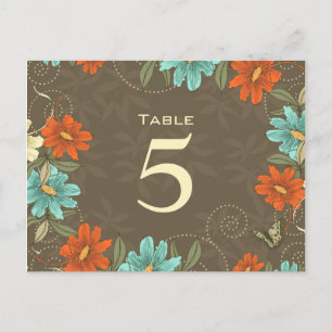 Chic aqua oranje crème floral bruiloft nummer briefkaart