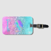 Chic Aqua Pink Unicorn Glitter glam monogram Bagagelabel (Voorkant (horizontaal))