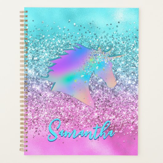 Chic Aqua Pink Unicorn Glitter glam monogram Planner (Voorkant)