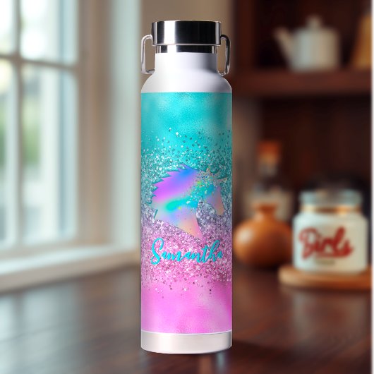 Chic Aqua Pink Unicorn Glitter glam monogram Waterfles