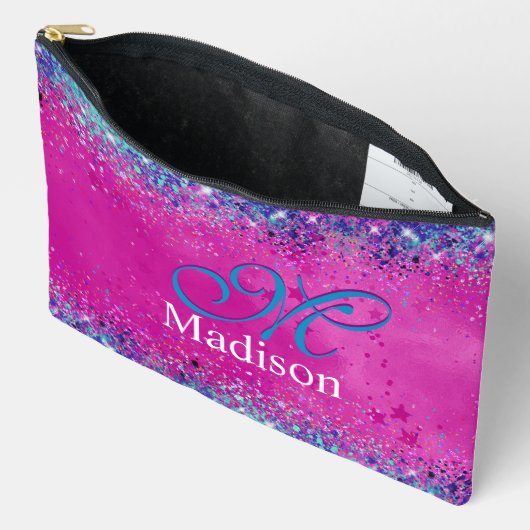 Chic aqua roze iridescent glitter monogram etui (Open)