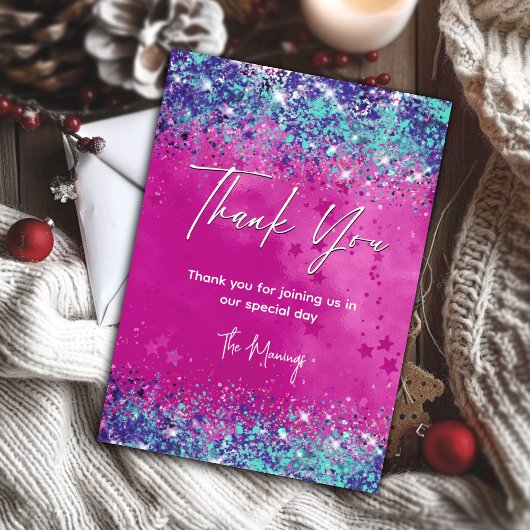 Chic aqua roze iriserende glitter bedankt kaart