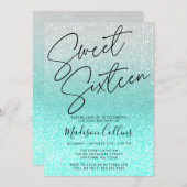 Chic Aqua Silver Glitter Sweet 16 Kaart (Voorkant / Achterkant)