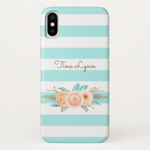 Chic Aqua Stripes Feminine Floral and Name iPhone X Hoesje