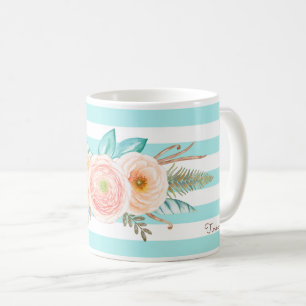 Chic Aqua Stripes Feminine Floral and Name Koffiemok