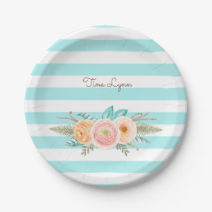 Chic Aqua Stripes Feminine Floral and Name Papieren Bordje