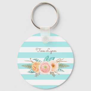 Chic Aqua Stripes Feminine Floral and Name Sleutelhanger