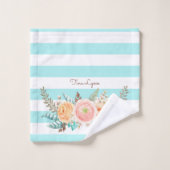 Chic Aqua Stripes Feminine Floral et nom (Gant de toilette)